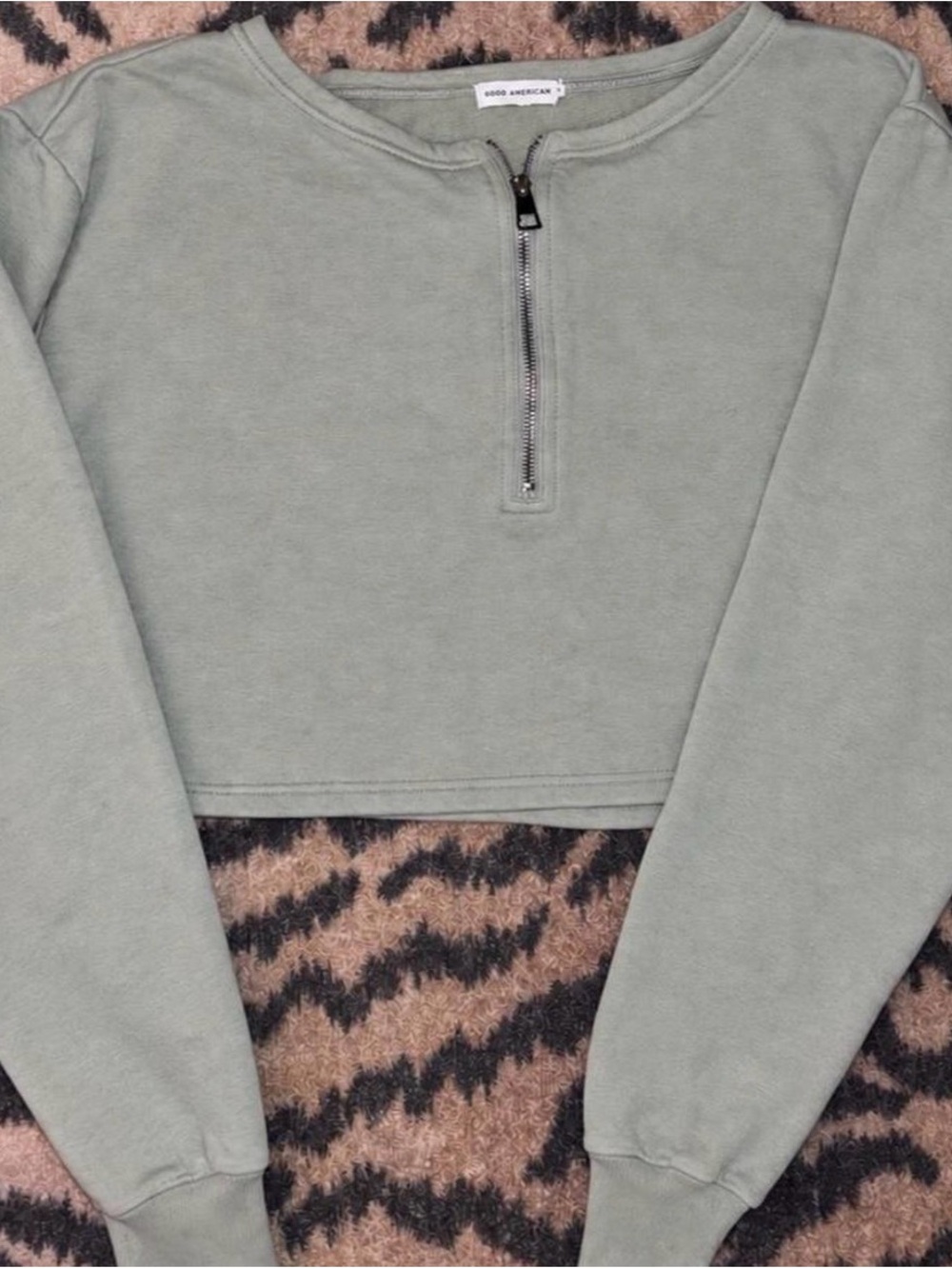 Good American Sage Green Cropped Half-Zip Crewneck Sweater